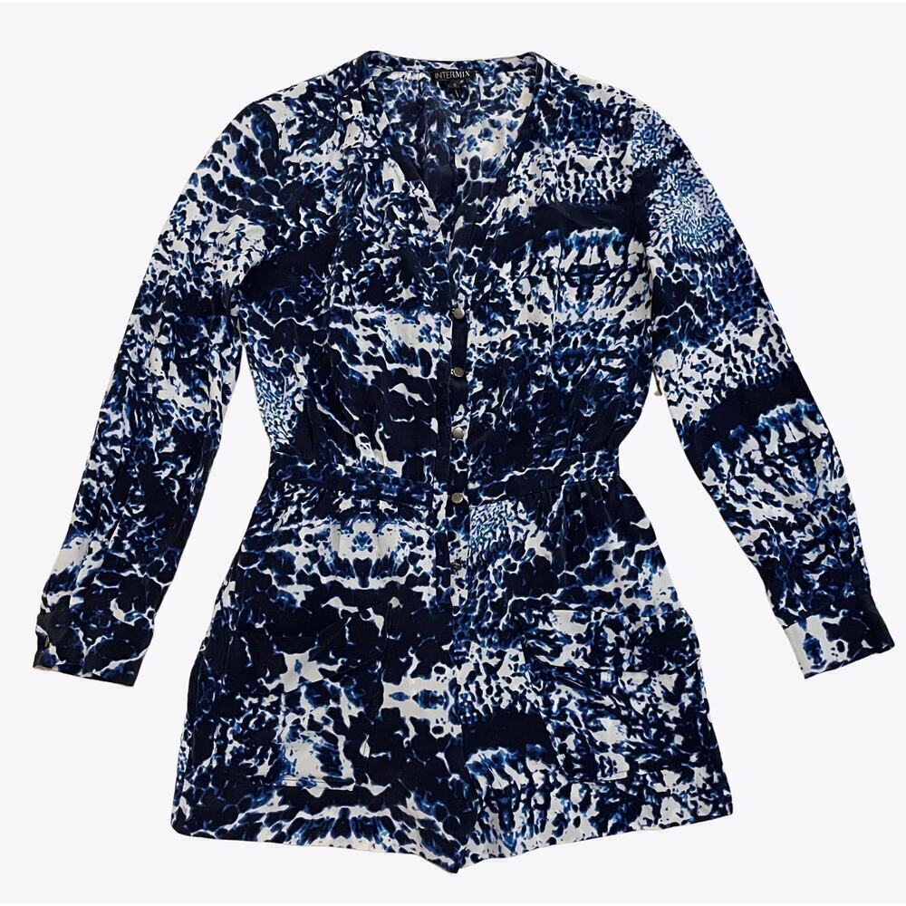 Rare Intermix Roxy Silk Romper S | Blue Abstract Print, Button Front, 100% Silk